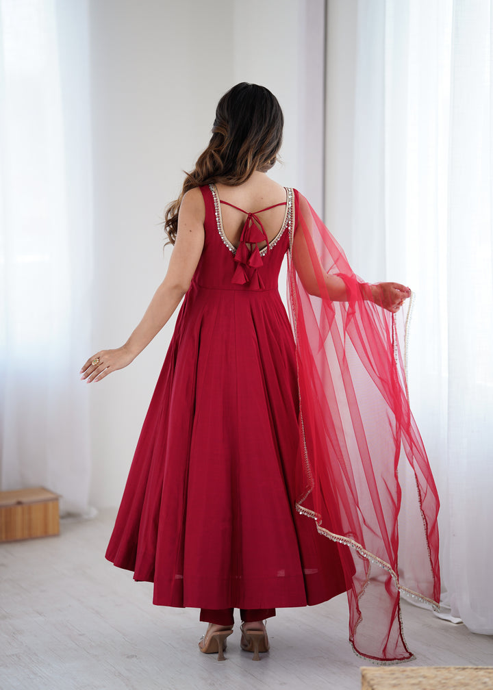 Maroon Red Sleeveless Roman Silk Chanderi Flared Anarkali Suit