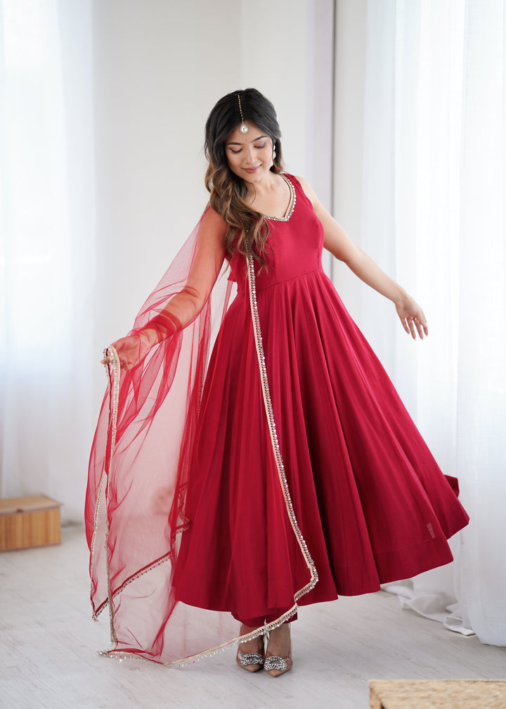 Maroon Red Sleeveless Roman Silk Chanderi Flared Anarkali Suit