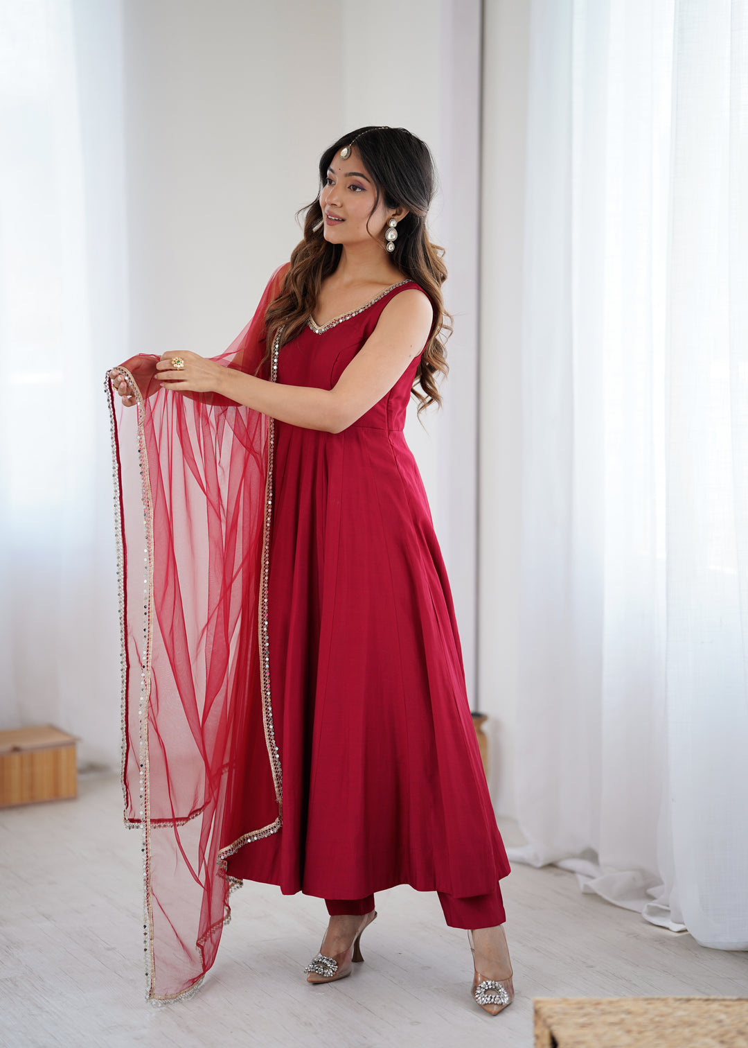 Maroon Red Sleeveless Roman Silk Chanderi Flared Anarkali Suit