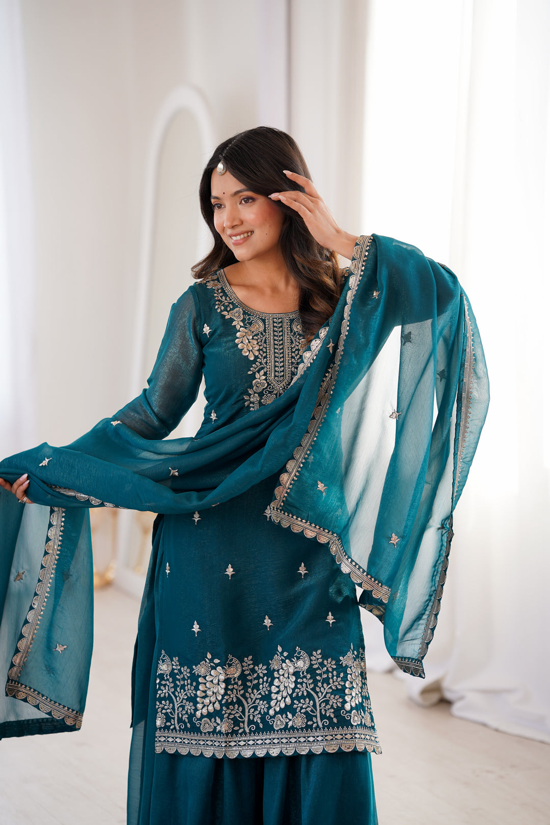 Teal Blue Silver Embroidered Silk Sharara Suit