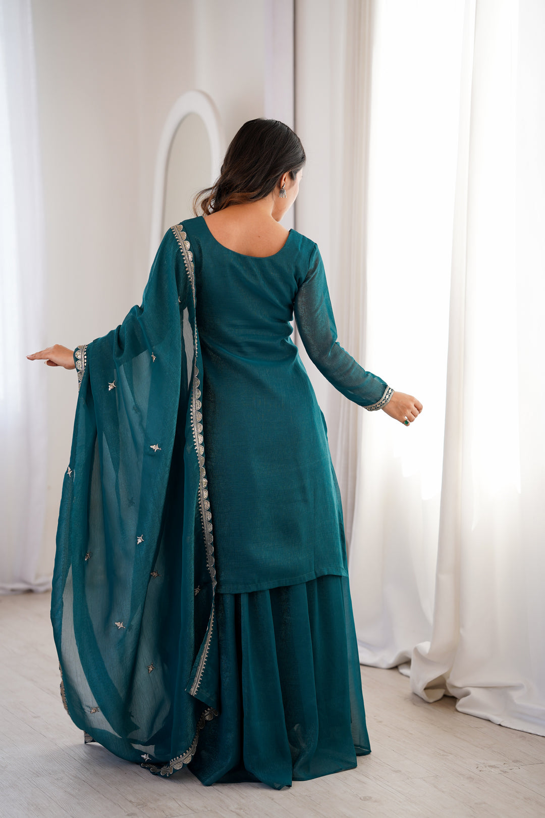 Teal Blue Silver Embroidered Silk Sharara Suit