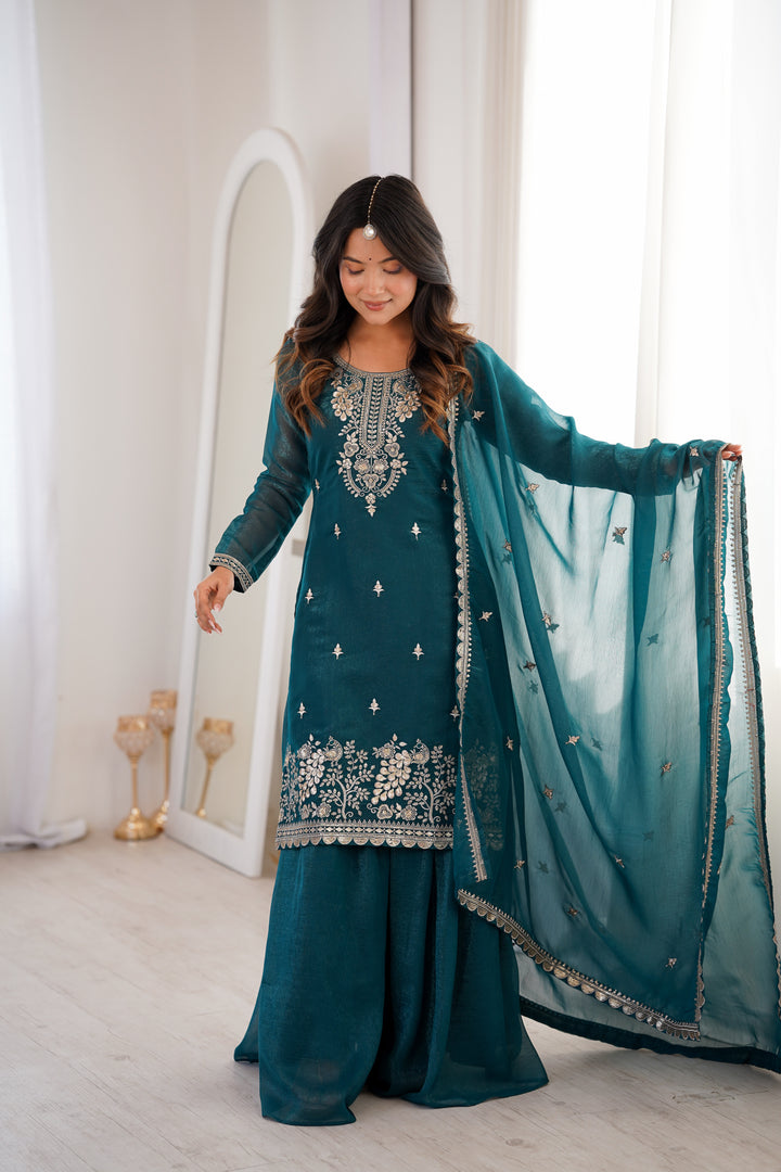 Teal Blue Silver Embroidered Silk Sharara Suit