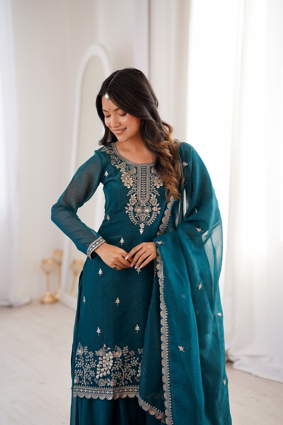 Teal Blue Silver Embroidered Silk Sharara Suit
