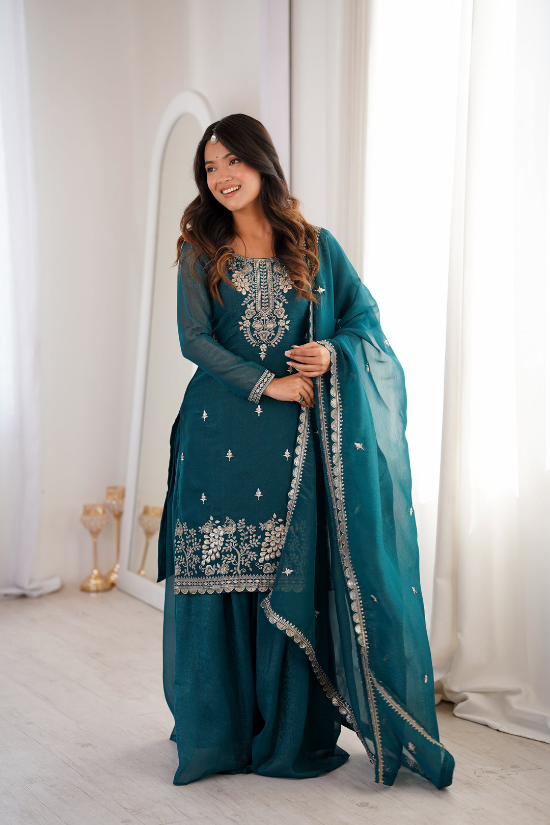 Teal Blue Silver Embroidered Silk Sharara Suit