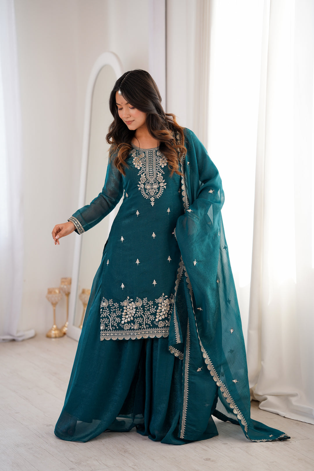 Teal Blue Silver Embroidered Silk Sharara Suit