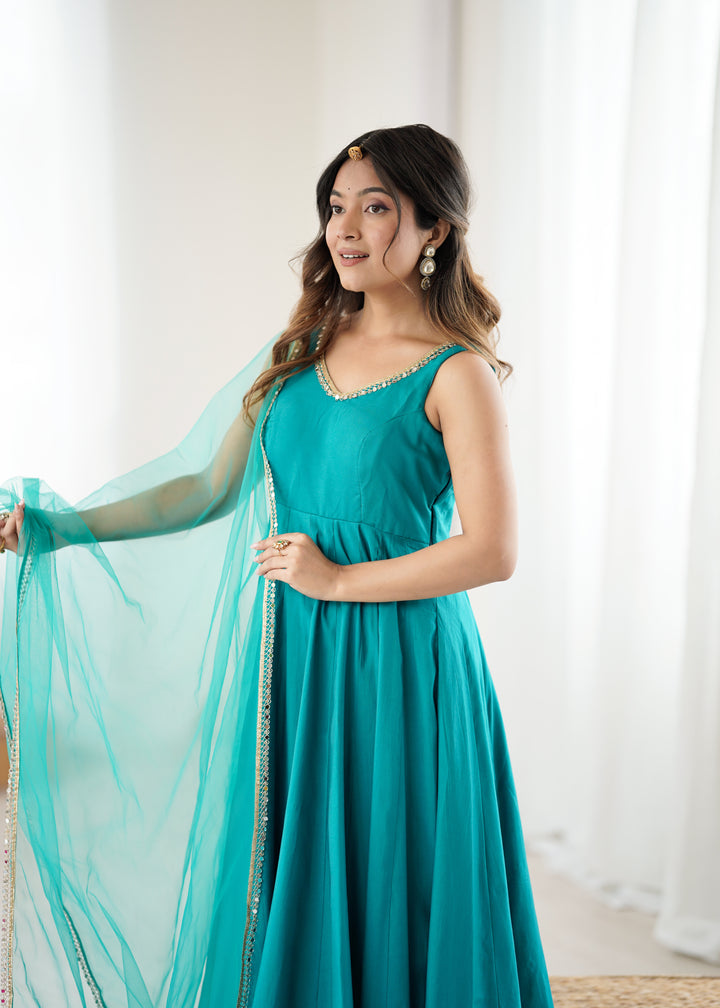 Peacock Teal Sleeveless Roman Silk Chanderi Flared Anarkali Suit
