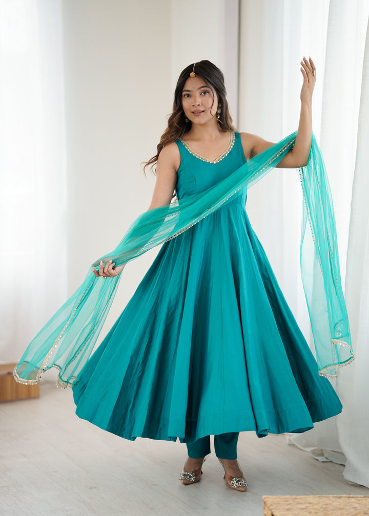 Peacock Teal Sleeveless Roman Silk Chanderi Flared Anarkali Suit