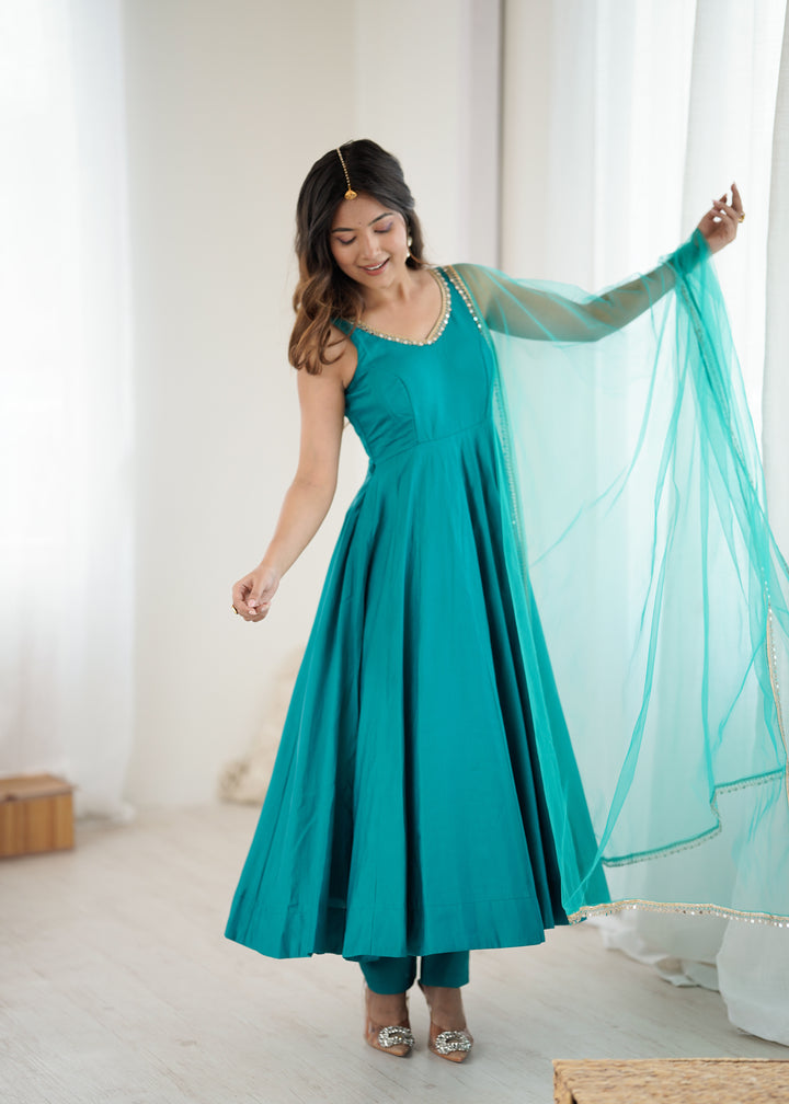 Peacock Teal Sleeveless Roman Silk Chanderi Flared Anarkali Suit