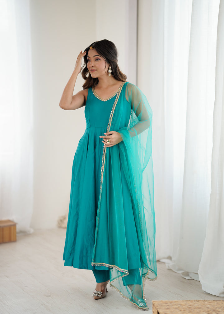 Peacock Teal Sleeveless Roman Silk Chanderi Flared Anarkali Suit