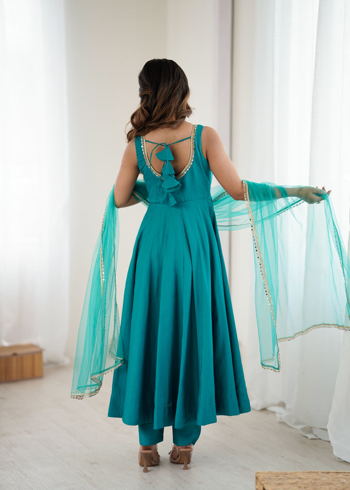Peacock Teal Sleeveless Roman Silk Chanderi Flared Anarkali Suit