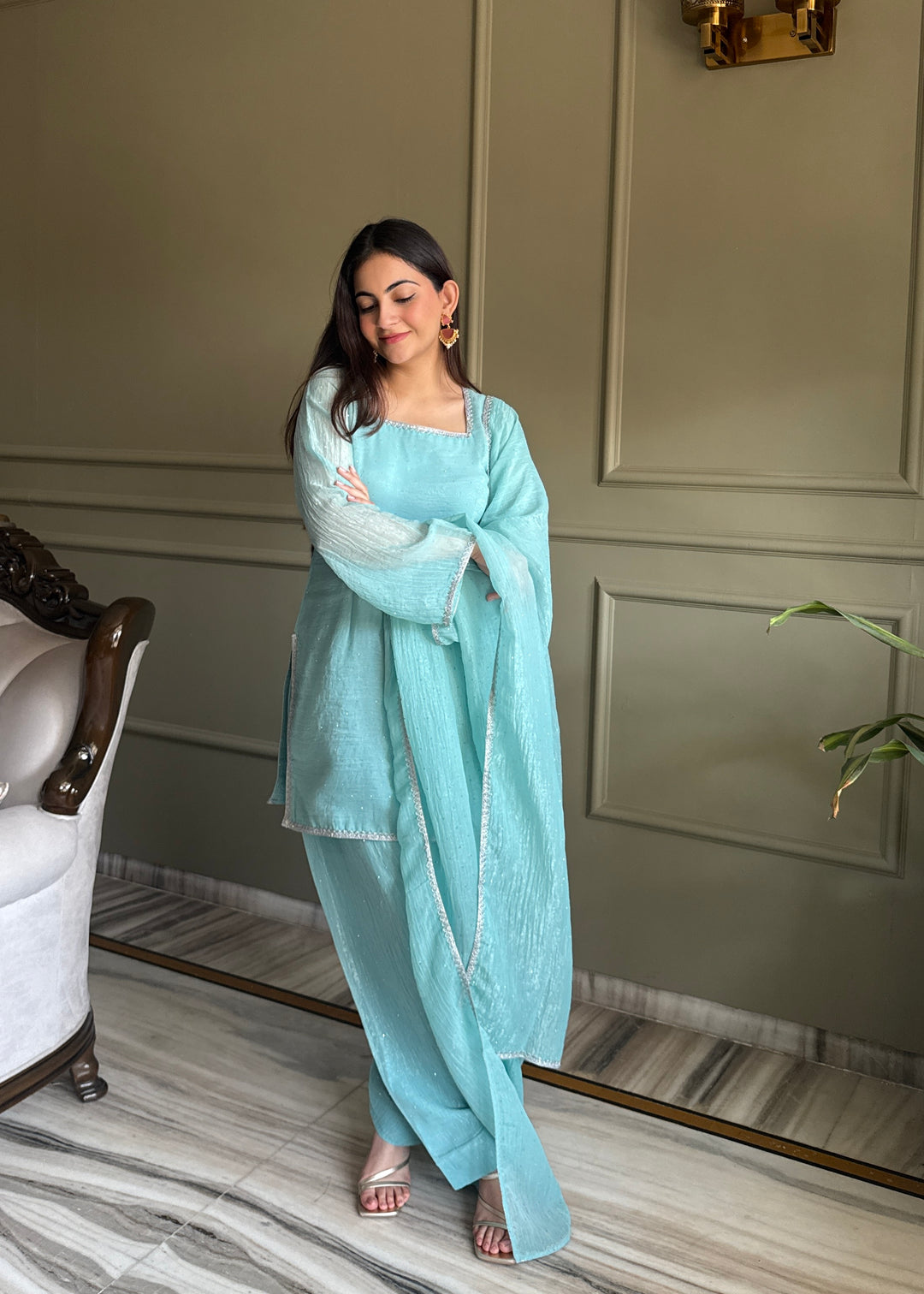 Sky Blue Crunchy Silk Farshi Salwar Suit
