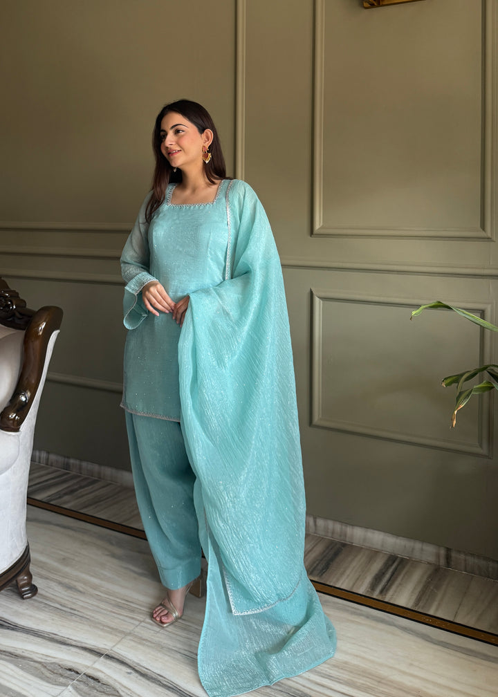 Sky Blue Crunchy Silk Farshi Salwar Suit