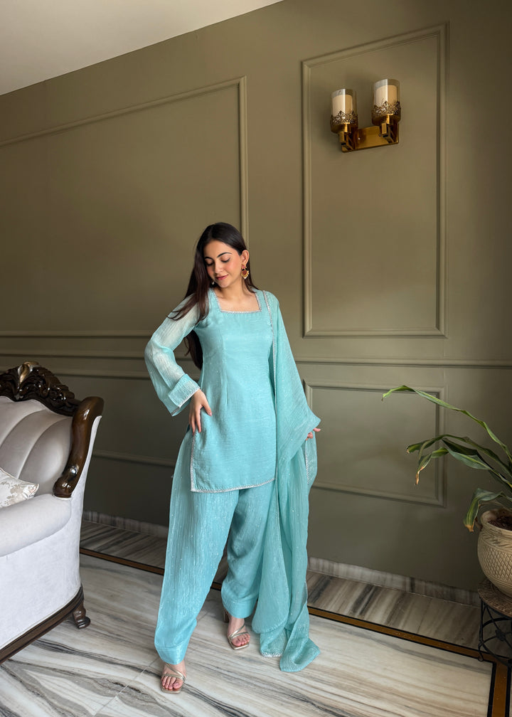 Sky Blue Crunchy Silk Farshi Salwar Suit