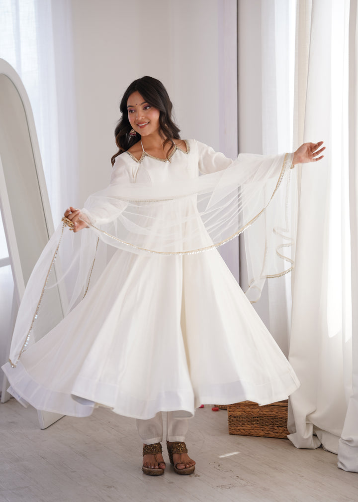 Designer Off-White Halter Strap Flared Anarkali Suit