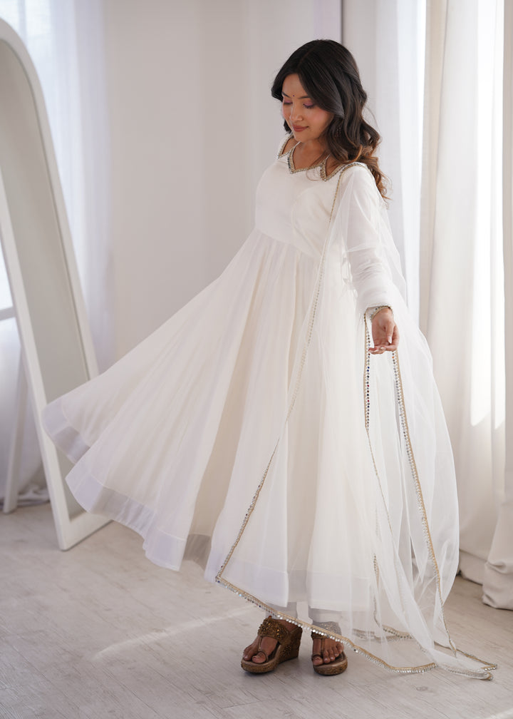 Designer Off-White Halter Strap Flared Anarkali Suit