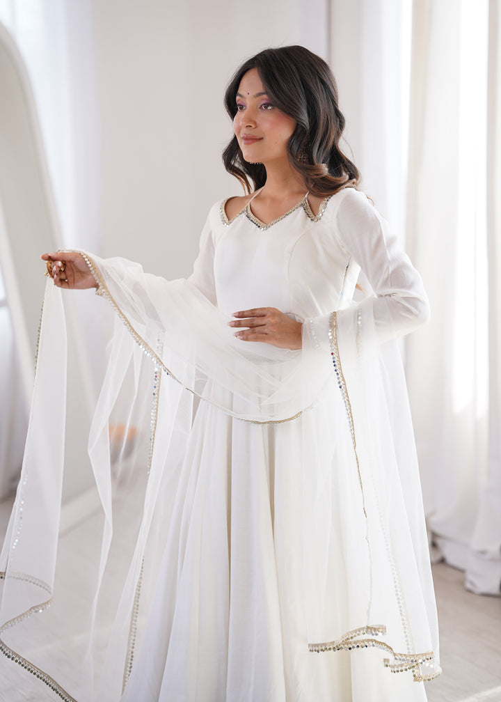 Designer Off-White Halter Strap Flared Anarkali Suit