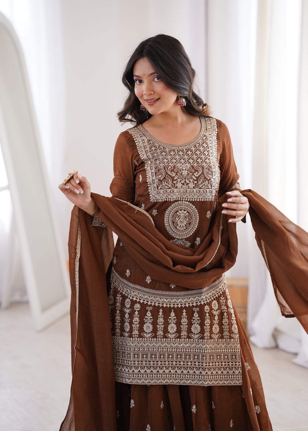 Brown Silver Embroidered Silk Sharara Suit