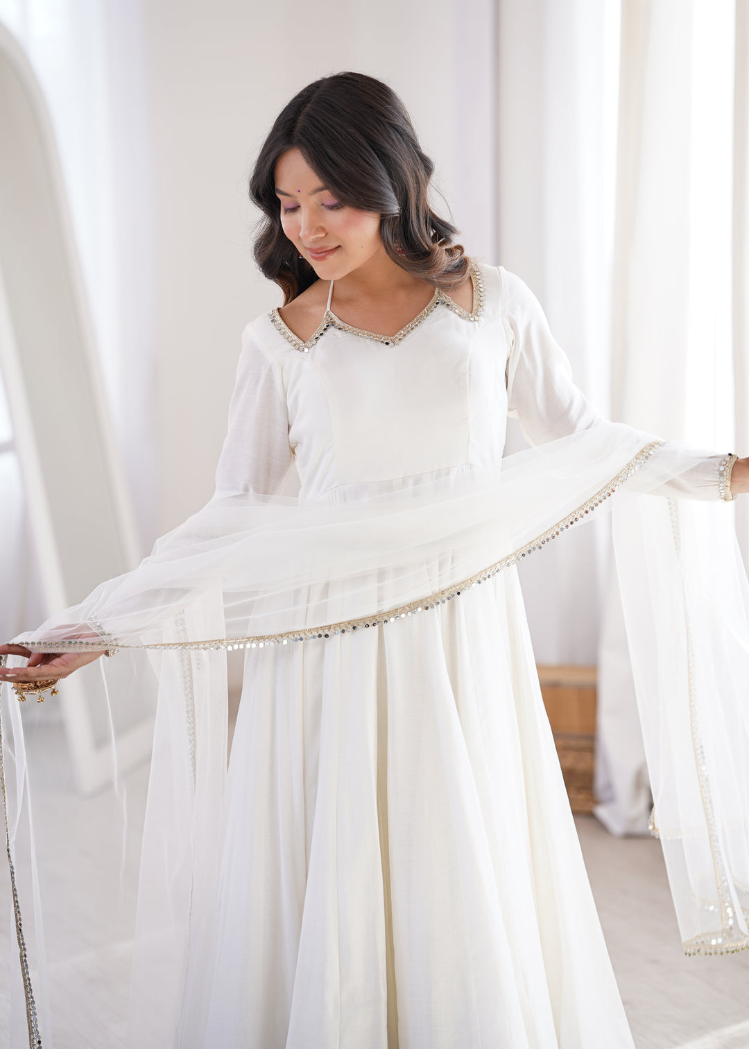 Designer Off-White Halter Strap Flared Anarkali Suit