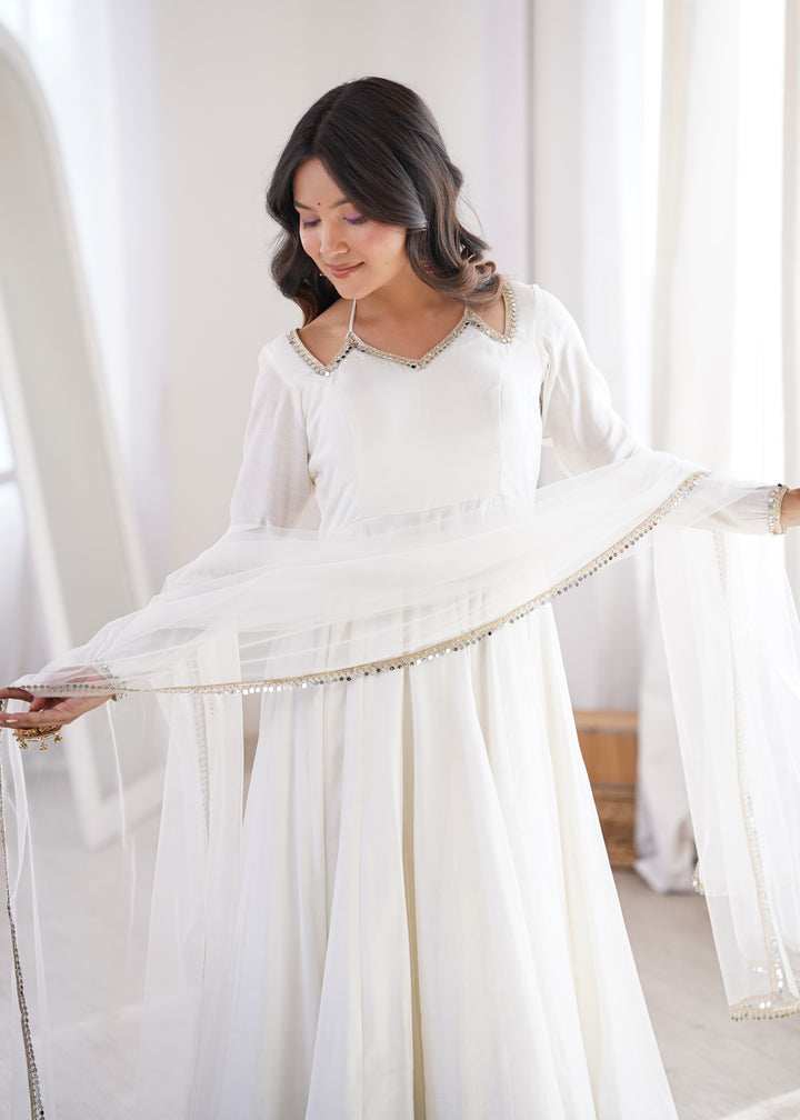 Designer Off-White Halter Strap Flared Anarkali Suit