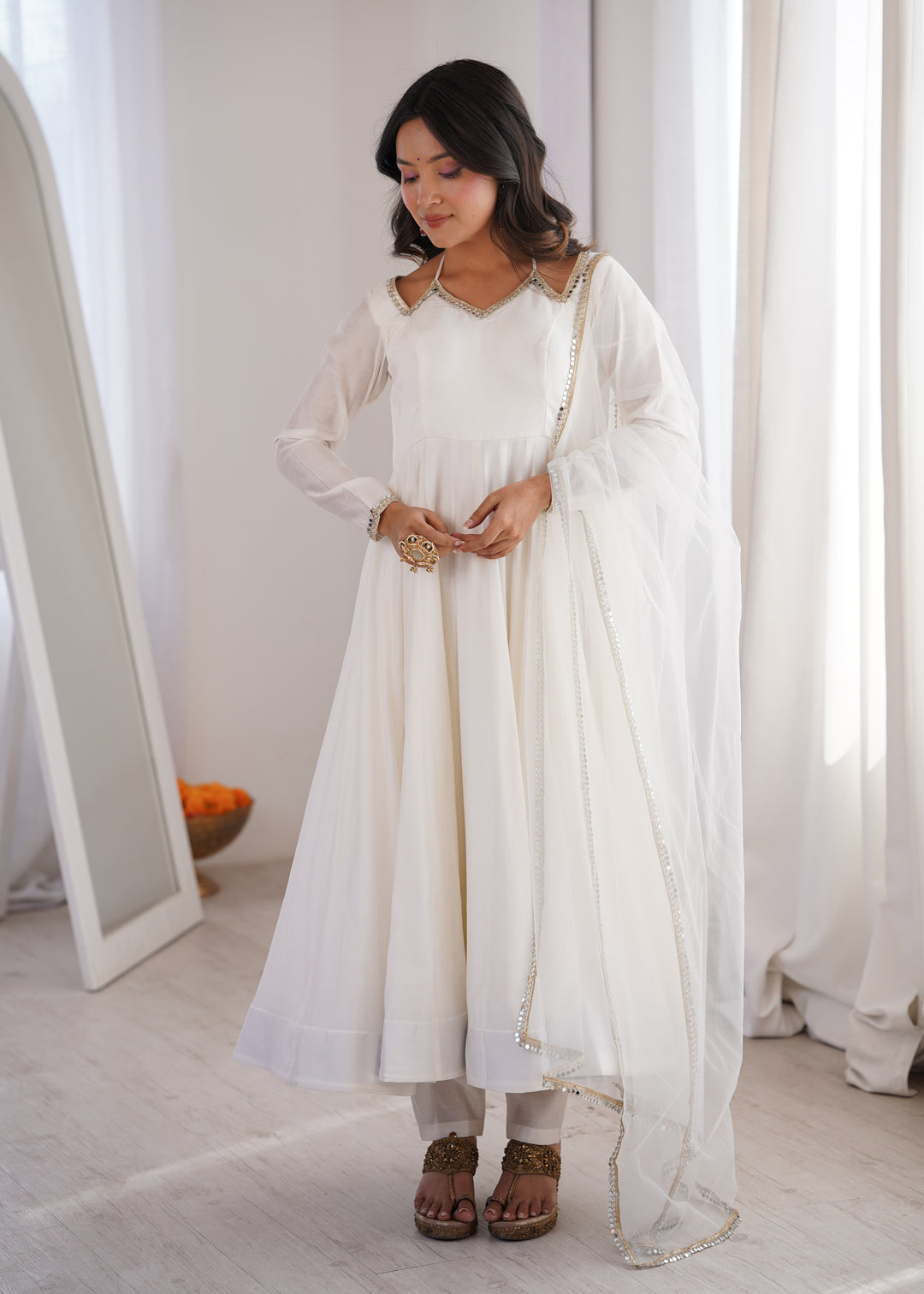 Designer Off-White Halter Strap Flared Anarkali Suit