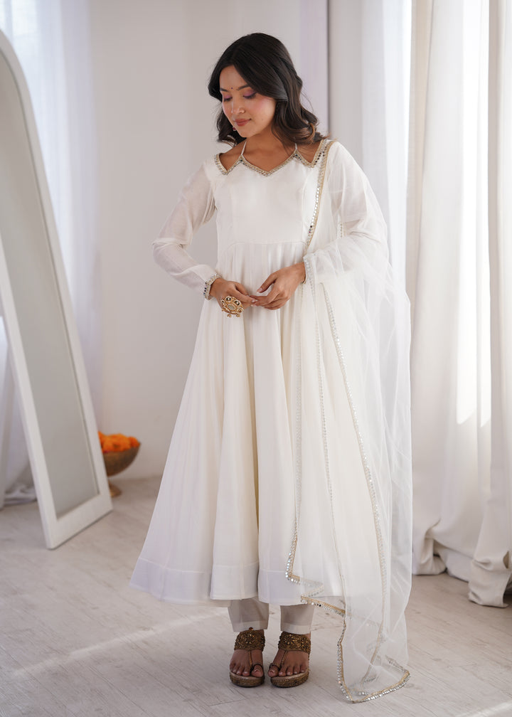 Designer Off-White Halter Strap Flared Anarkali Suit