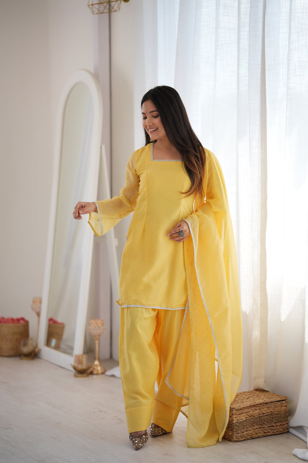 Yellow Crunchy Silk Farshi Salwar Suit