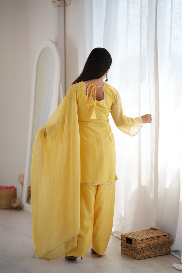 Yellow Crunchy Silk Farshi Salwar Suit