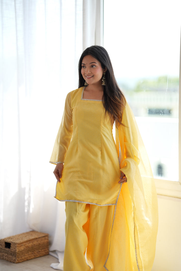 Yellow Crunchy Silk Farshi Salwar Suit