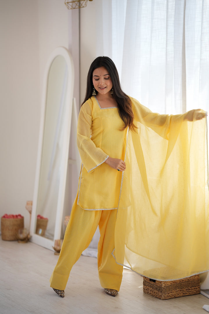 Yellow Crunchy Silk Farshi Salwar Suit
