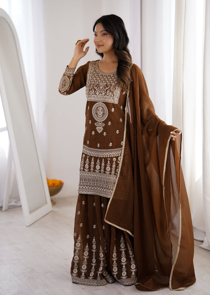 Brown Silver Embroidered Silk Sharara Suit