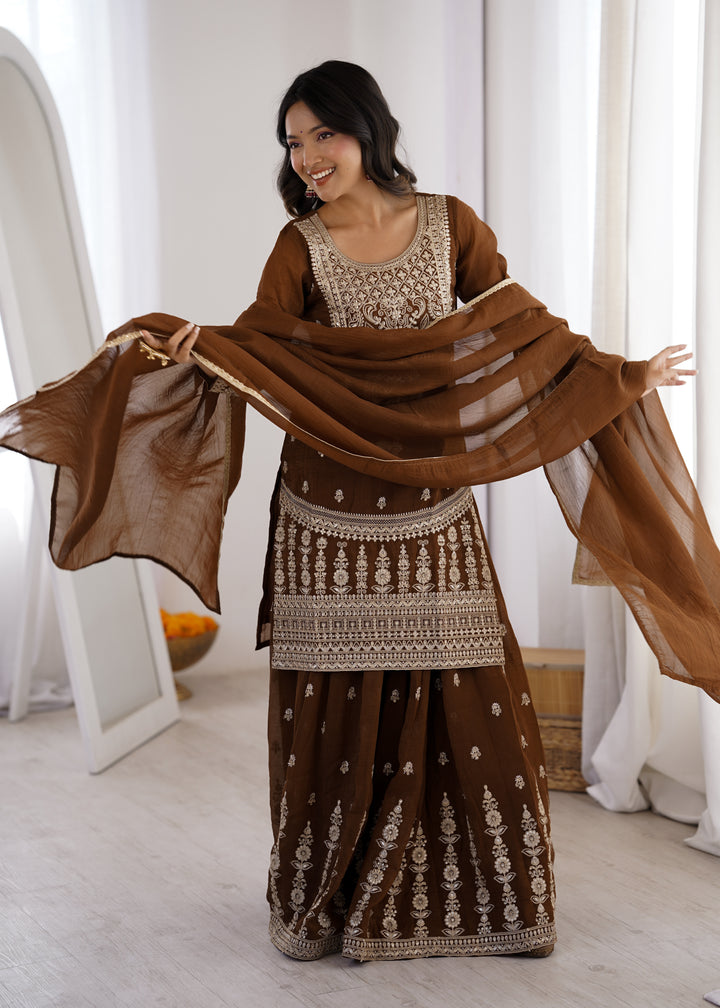 Brown Silver Embroidered Silk Sharara Suit