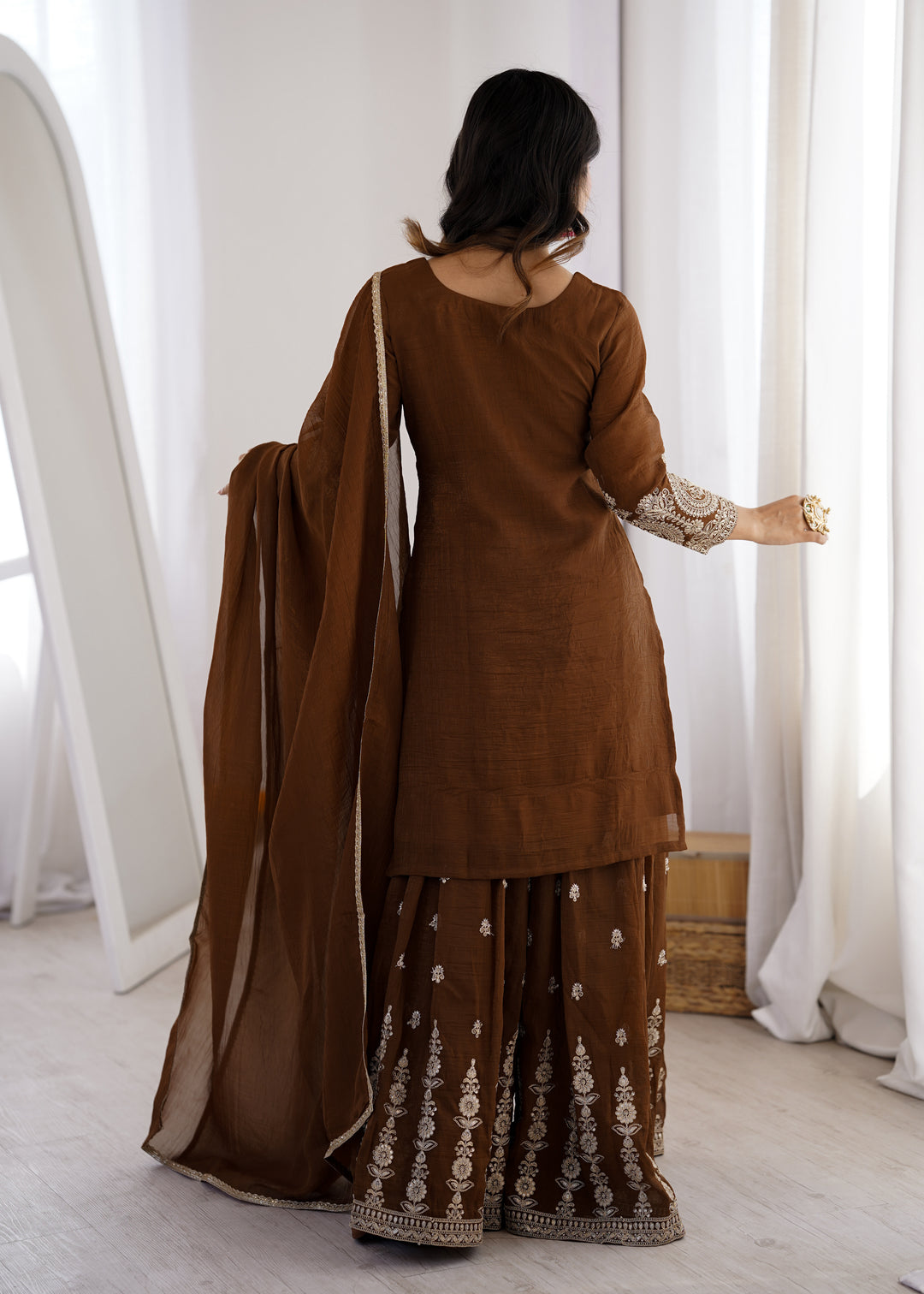 Brown Silver Embroidered Silk Sharara Suit