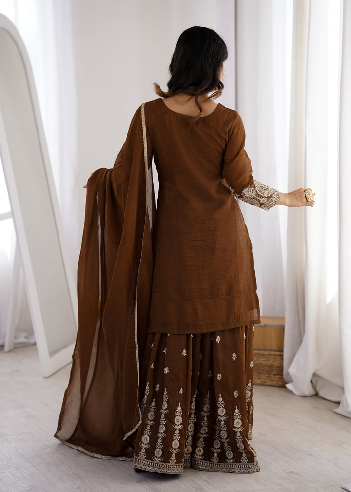 Brown Silver Embroidered Silk Sharara Suit