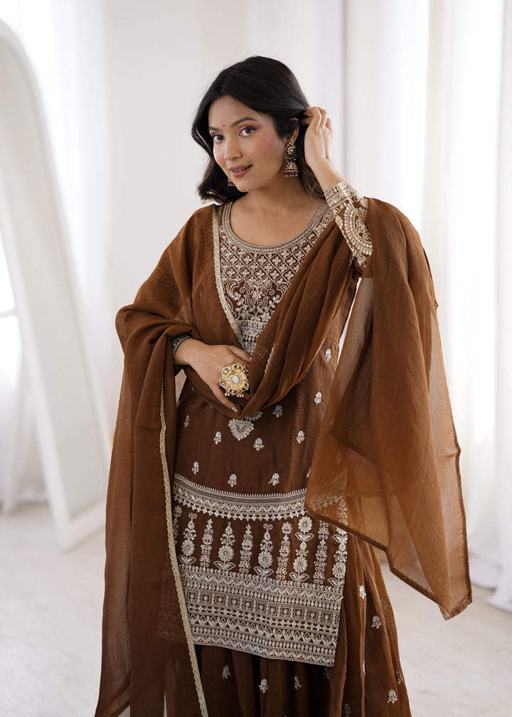 Brown Silver Embroidered Silk Sharara Suit