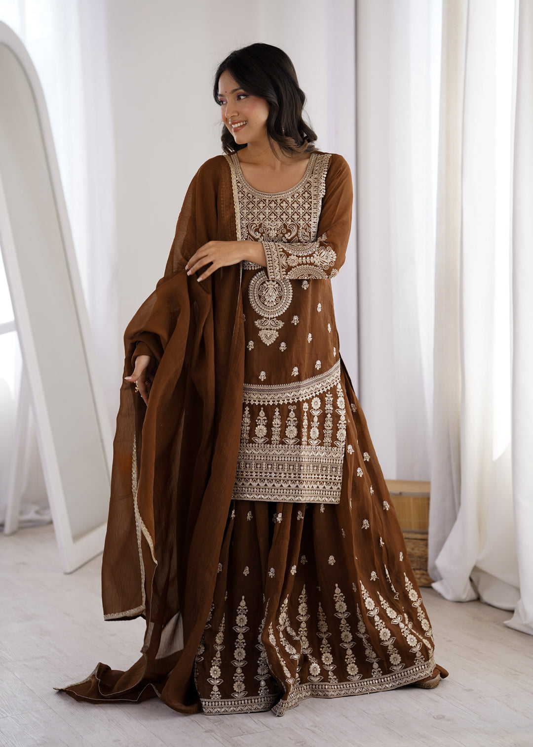 Brown Silver Embroidered Silk Sharara Suit