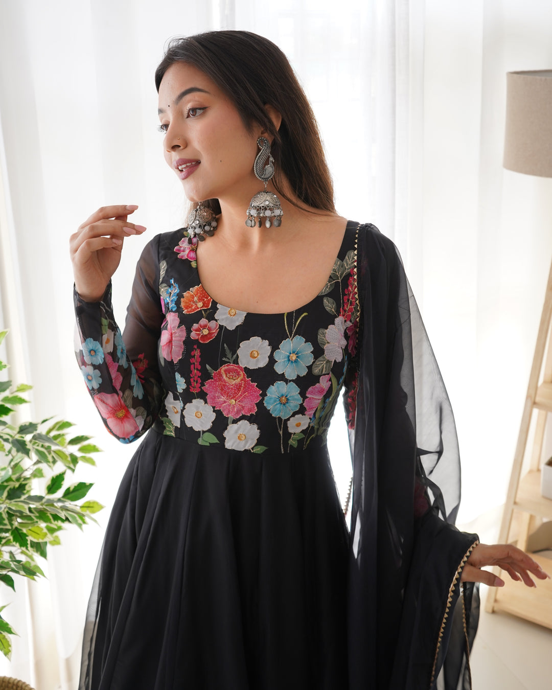 Black Organza Floral Printed Flared Anarkali Suit