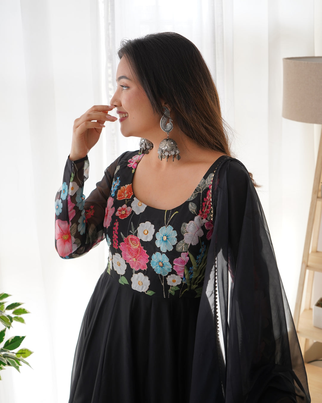 Black Organza Floral Printed Flared Anarkali Suit