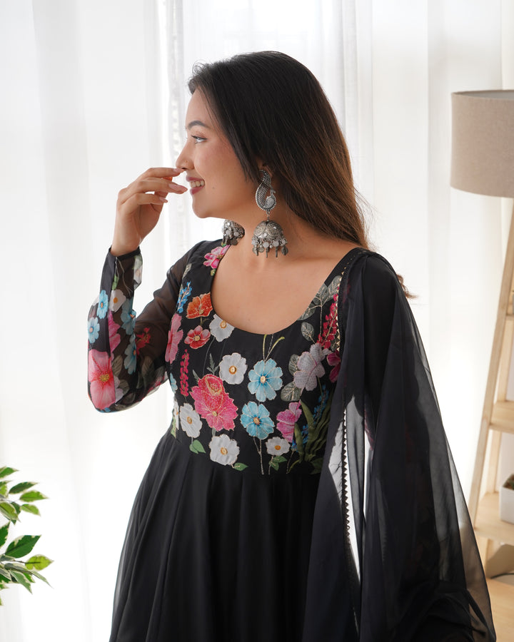 Black Organza Floral Printed Flared Anarkali Suit