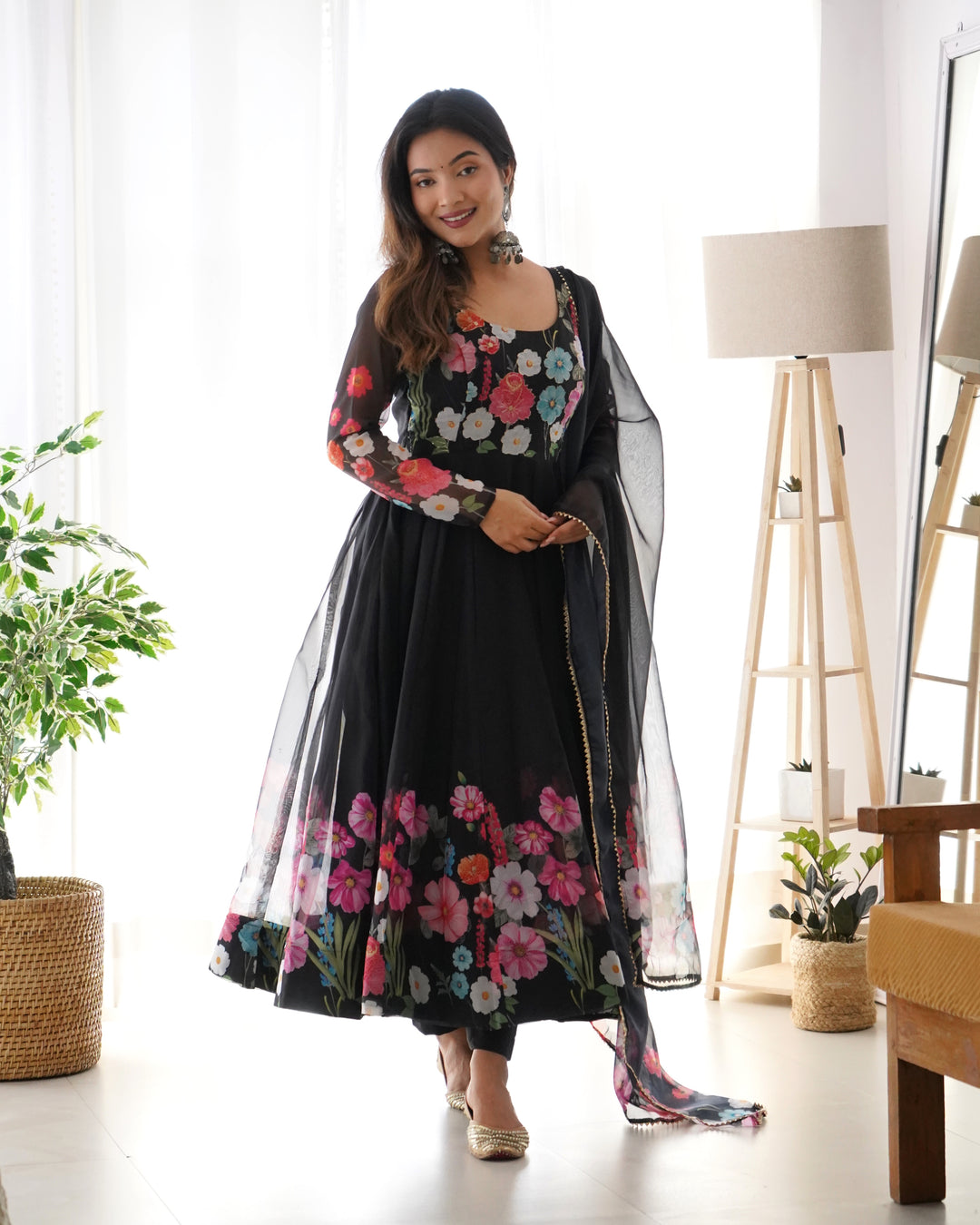 Black Organza Floral Printed Flared Anarkali Suit