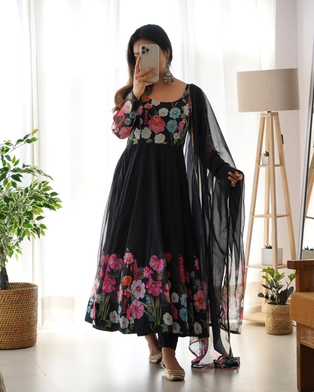Black Organza Floral Printed Flared Anarkali Suit