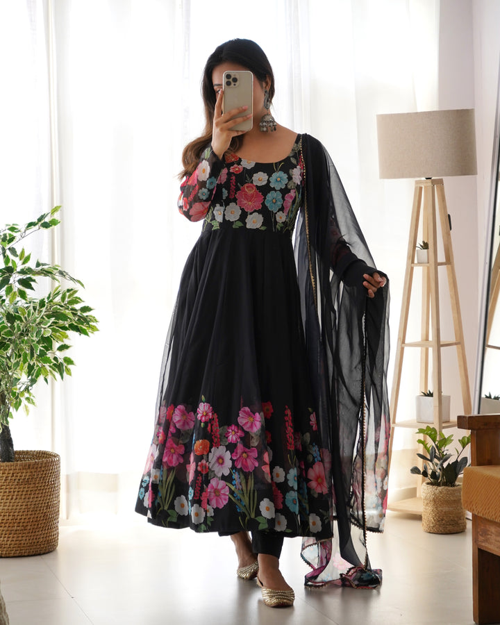 Black Organza Floral Printed Flared Anarkali Suit