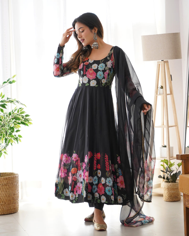 Black Organza Floral Printed Flared Anarkali Suit