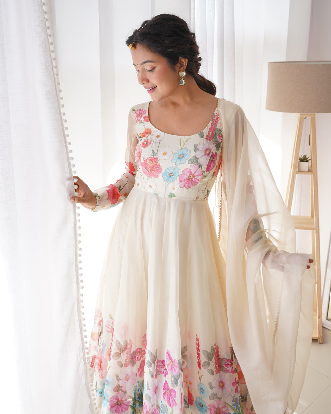 Off-White Organza Floral Printed Flared Anarkali Suit