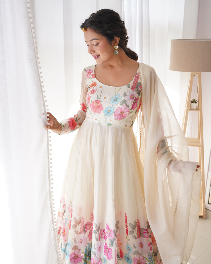 Off-White Organza Floral Printed Flared Anarkali Suit