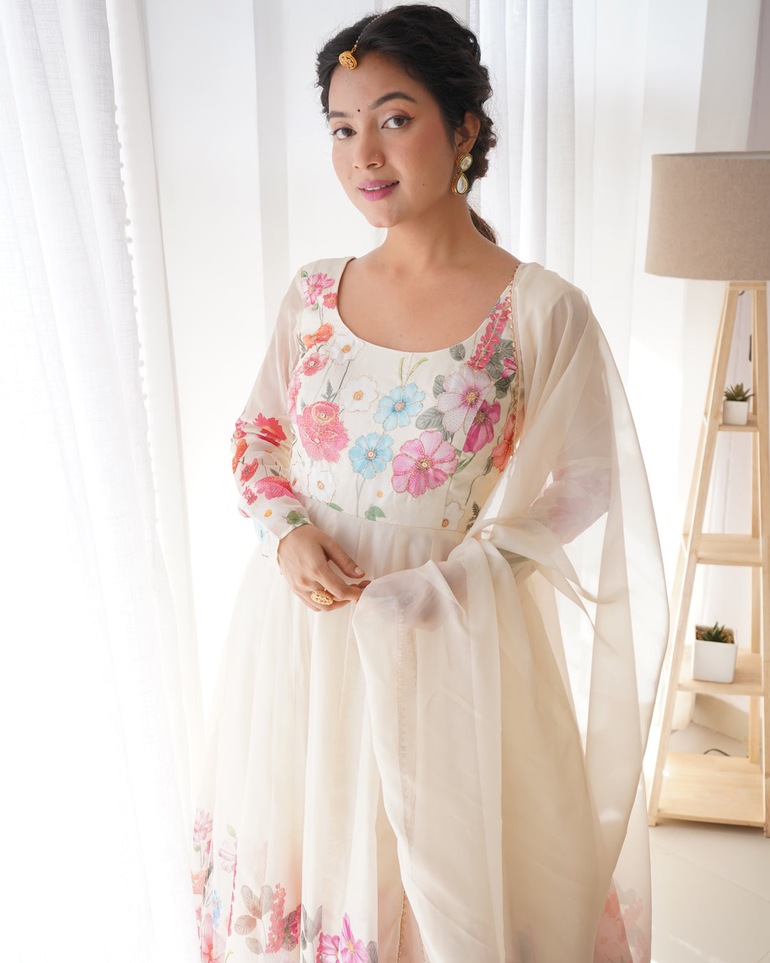 Off-White Organza Floral Printed Flared Anarkali Suit