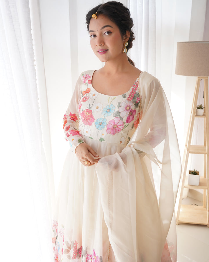 Off-White Organza Floral Printed Flared Anarkali Suit