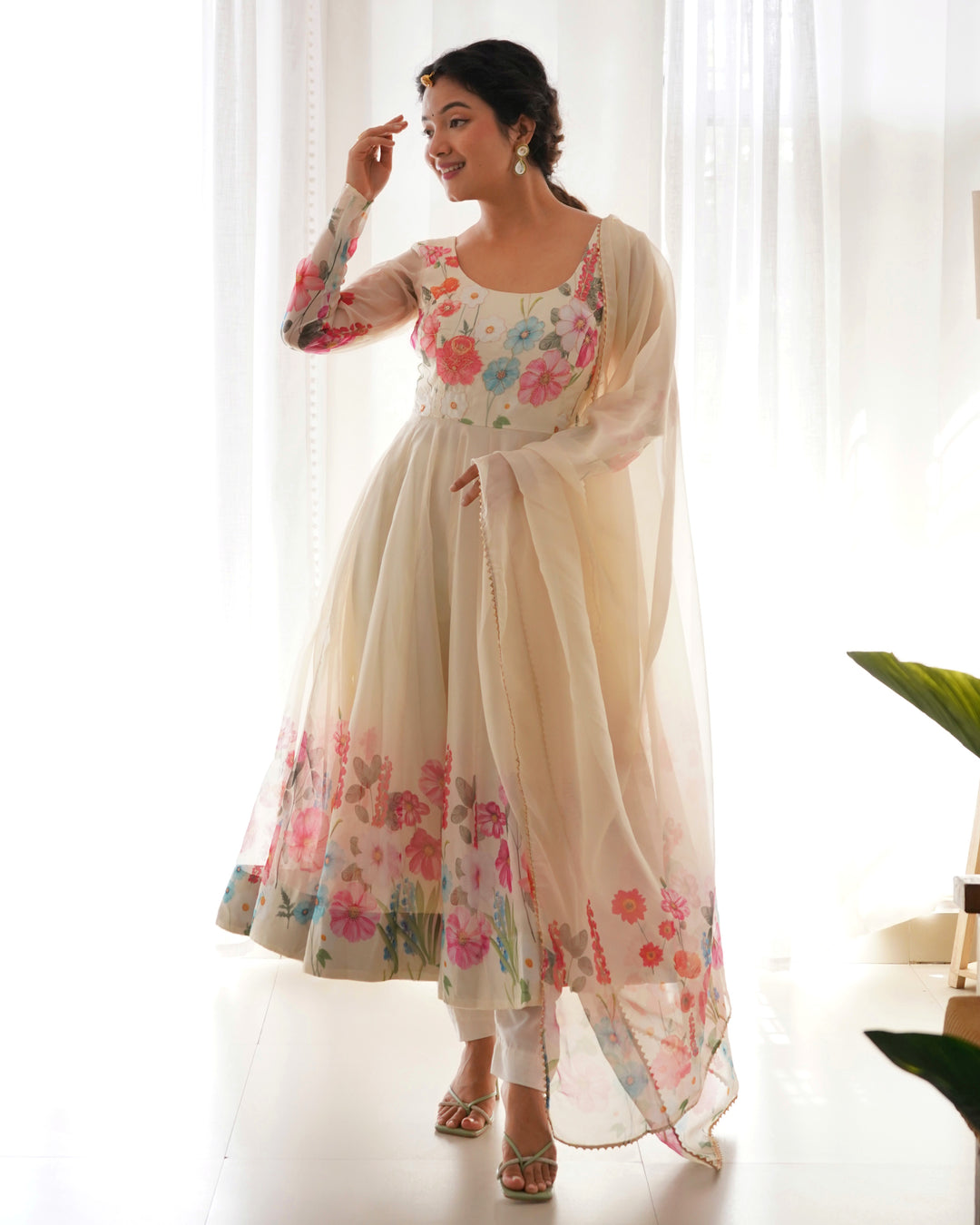 Off-White Organza Floral Printed Flared Anarkali Suit