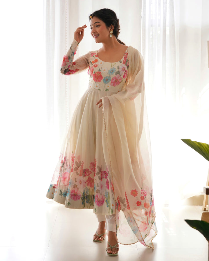 Off-White Organza Floral Printed Flared Anarkali Suit