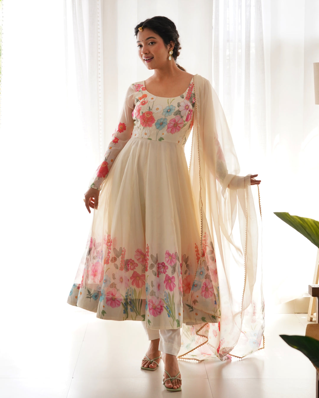 Off-White Organza Floral Printed Flared Anarkali Suit