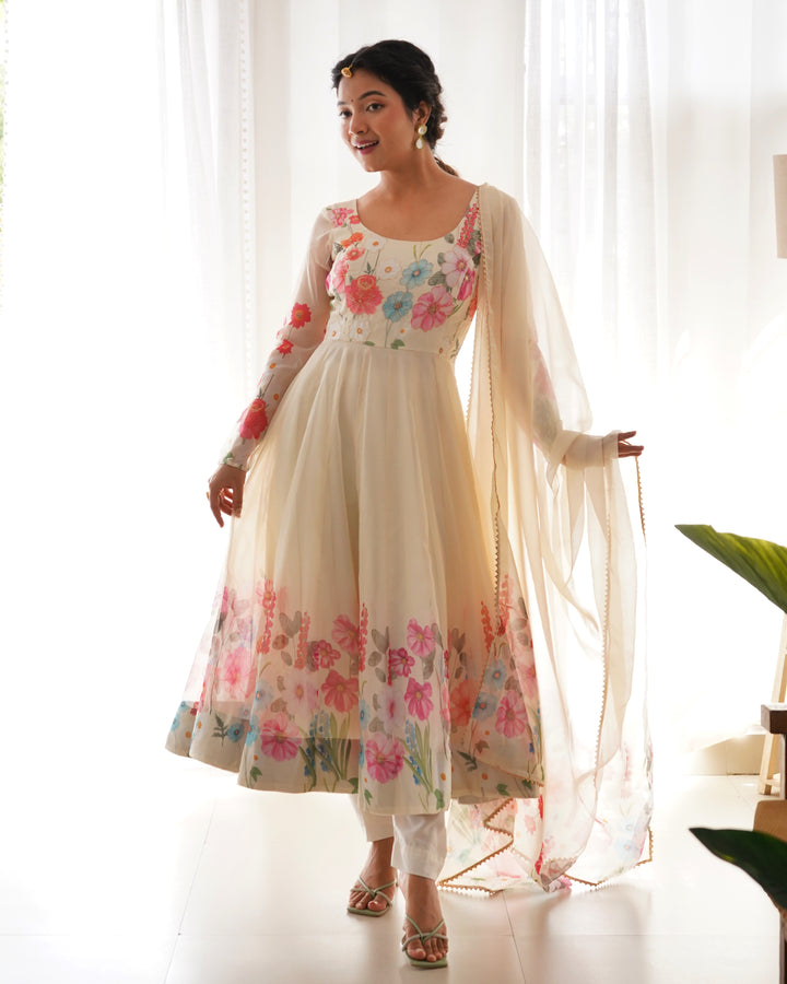 Off-White Organza Floral Printed Flared Anarkali Suit